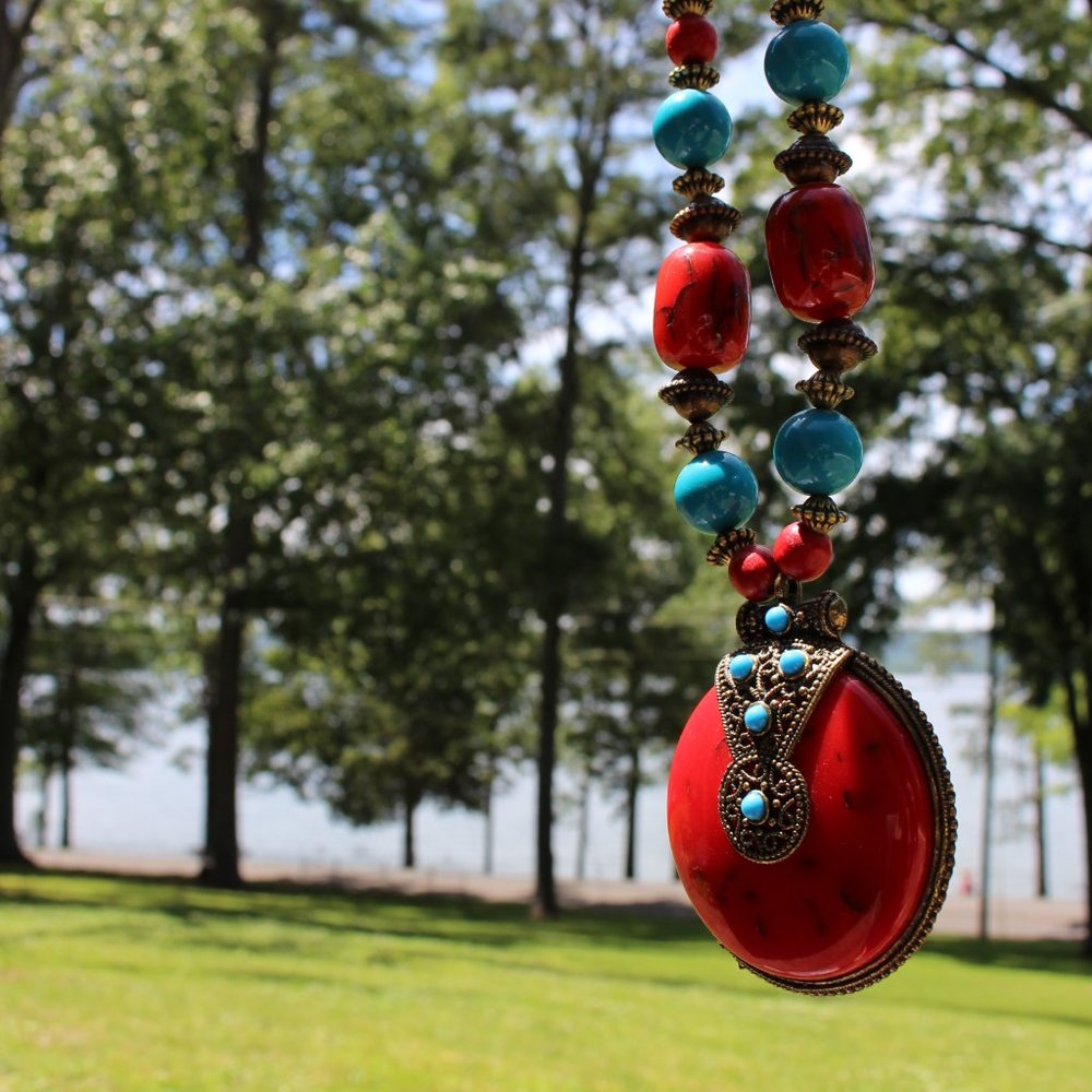Big Red Tribal Cultural Statement Necklace - Picture 14 of 15